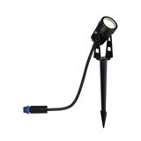 Black LED garden spotlight with ground spike and cable connector for outdoor lighting and garden light.