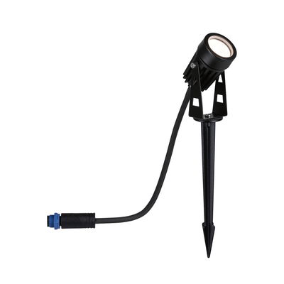Black LED garden spotlight with ground spike and cable connector for outdoor lighting and garden light.