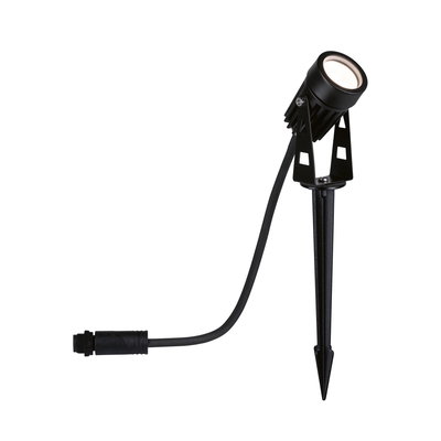 Black metal LED garden spotlight with ground spike and cable for outdoor lighting
