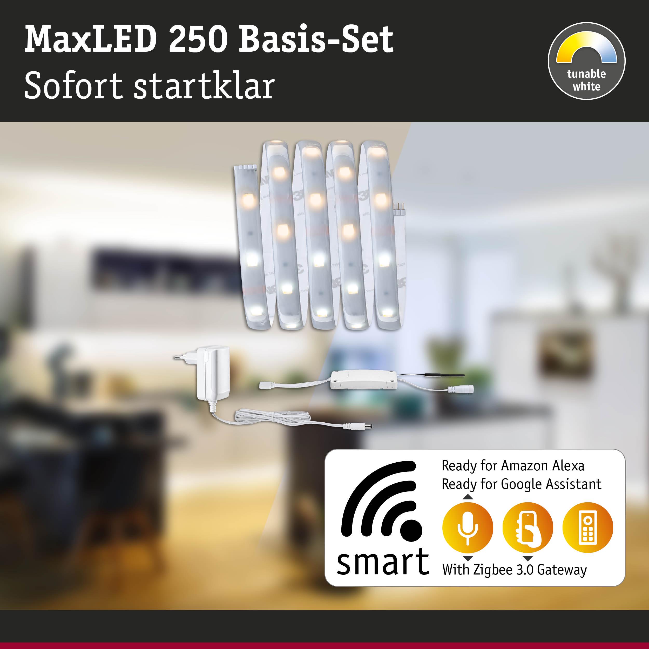 MaxLED 250 Basis-Set mit weißen LED-Streifen und Netzteil, smart steuerbar mit Alexa und Google Assistant