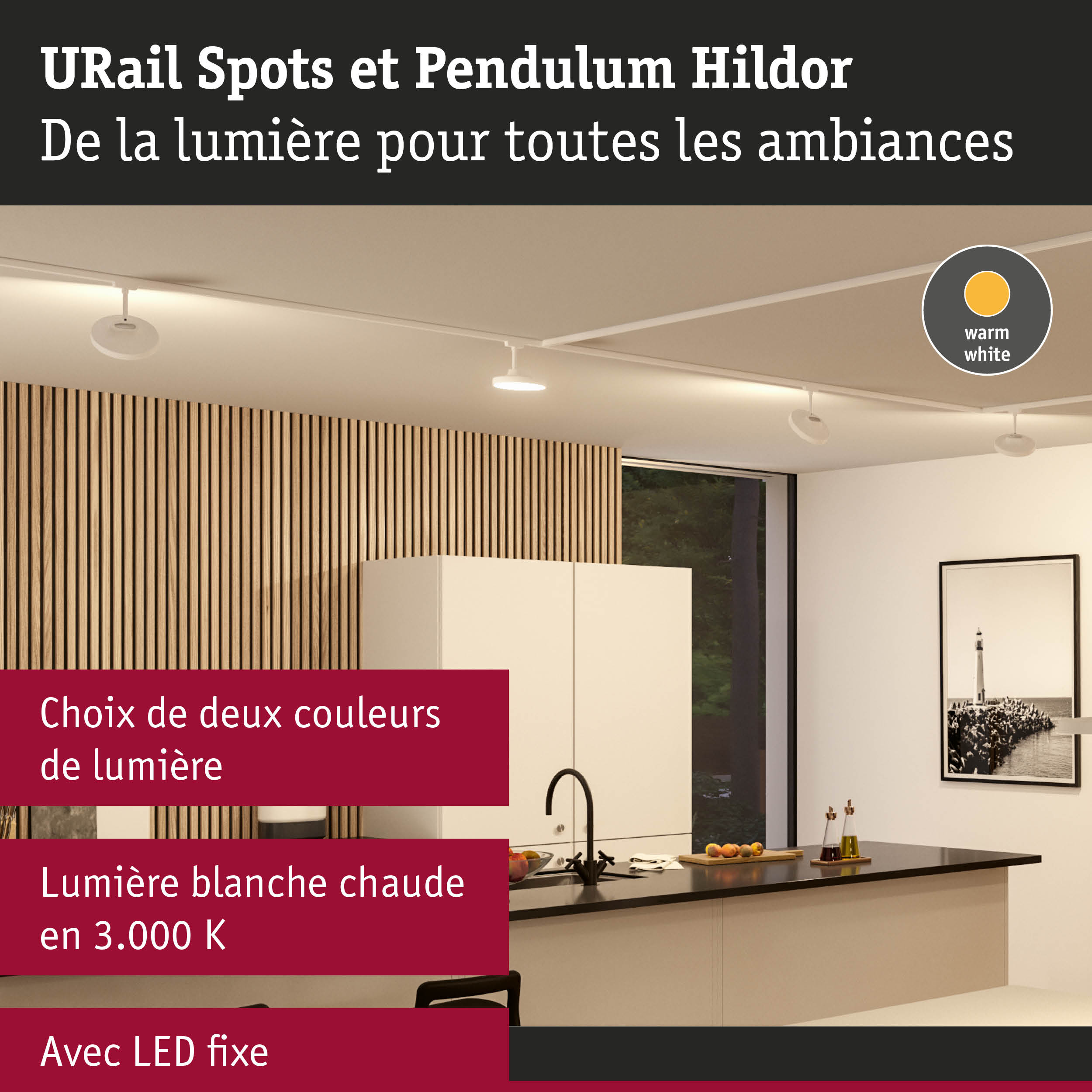 Spots URail blancs et suspension Hildor LED avec lumière blanc chaud dans cuisine moderne