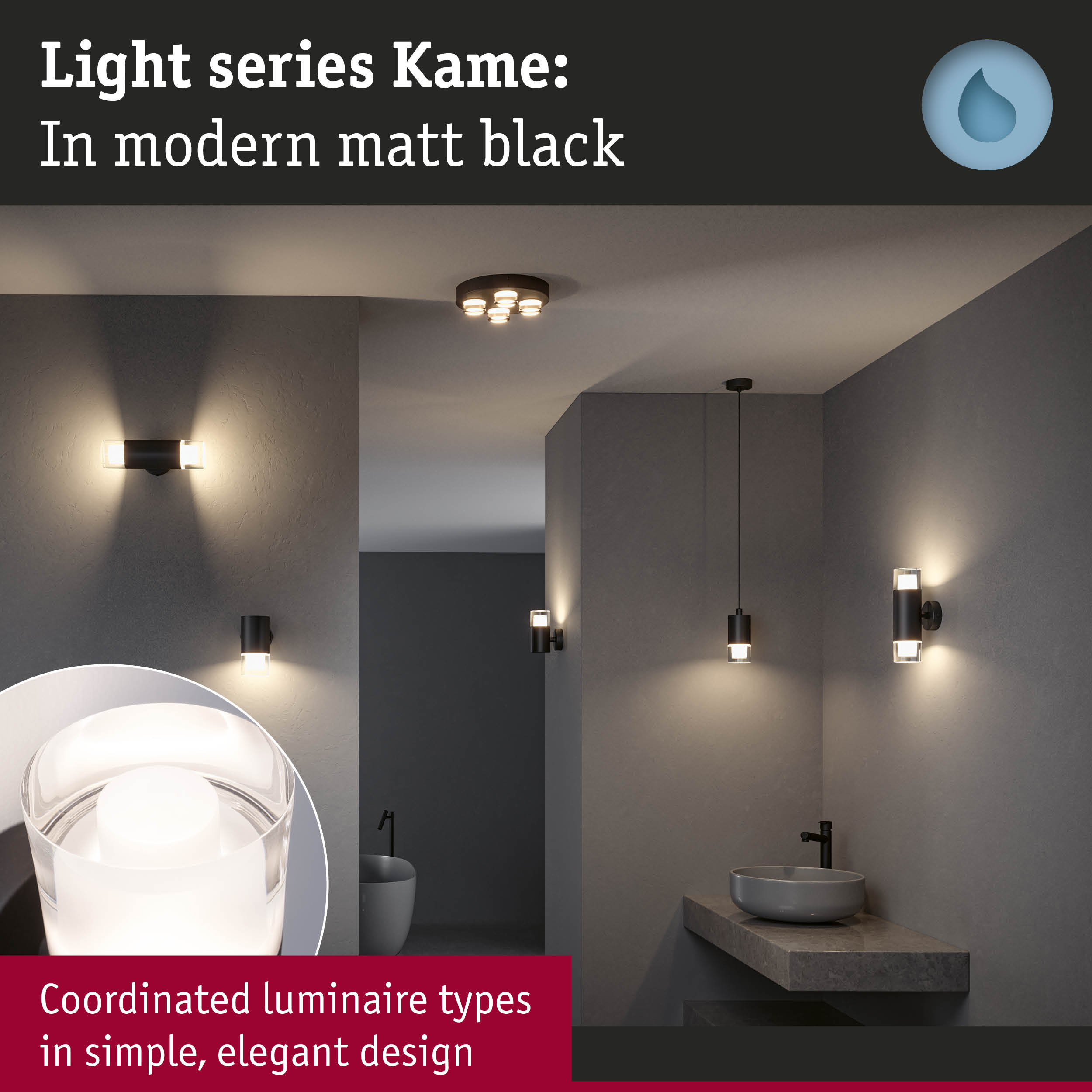Modern matt black Kame light series with coordinated wall and ceiling lamps in simple elegant design