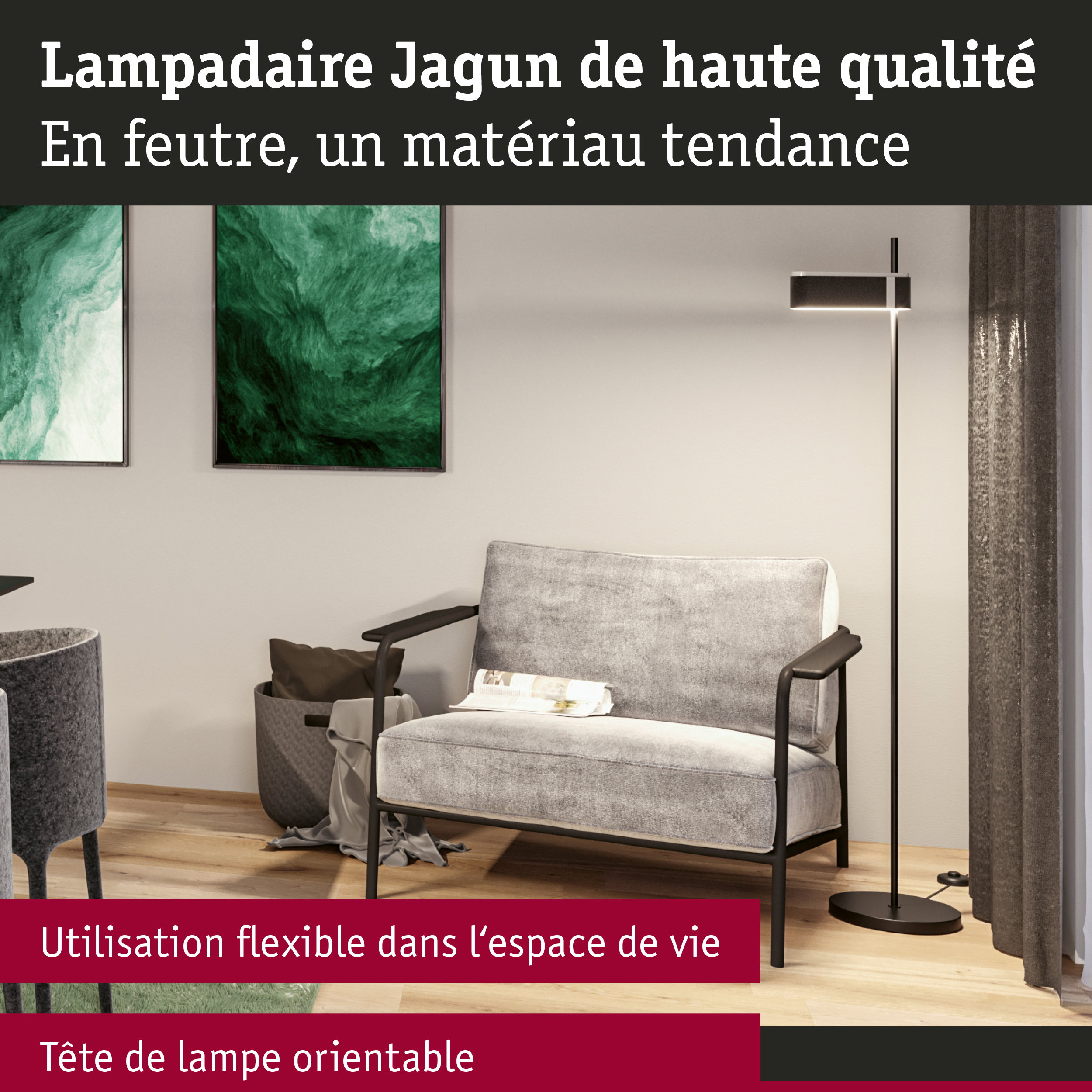 Lampadaire Jagun en feutre noir avec tête orientable pour un éclairage flexible du salon