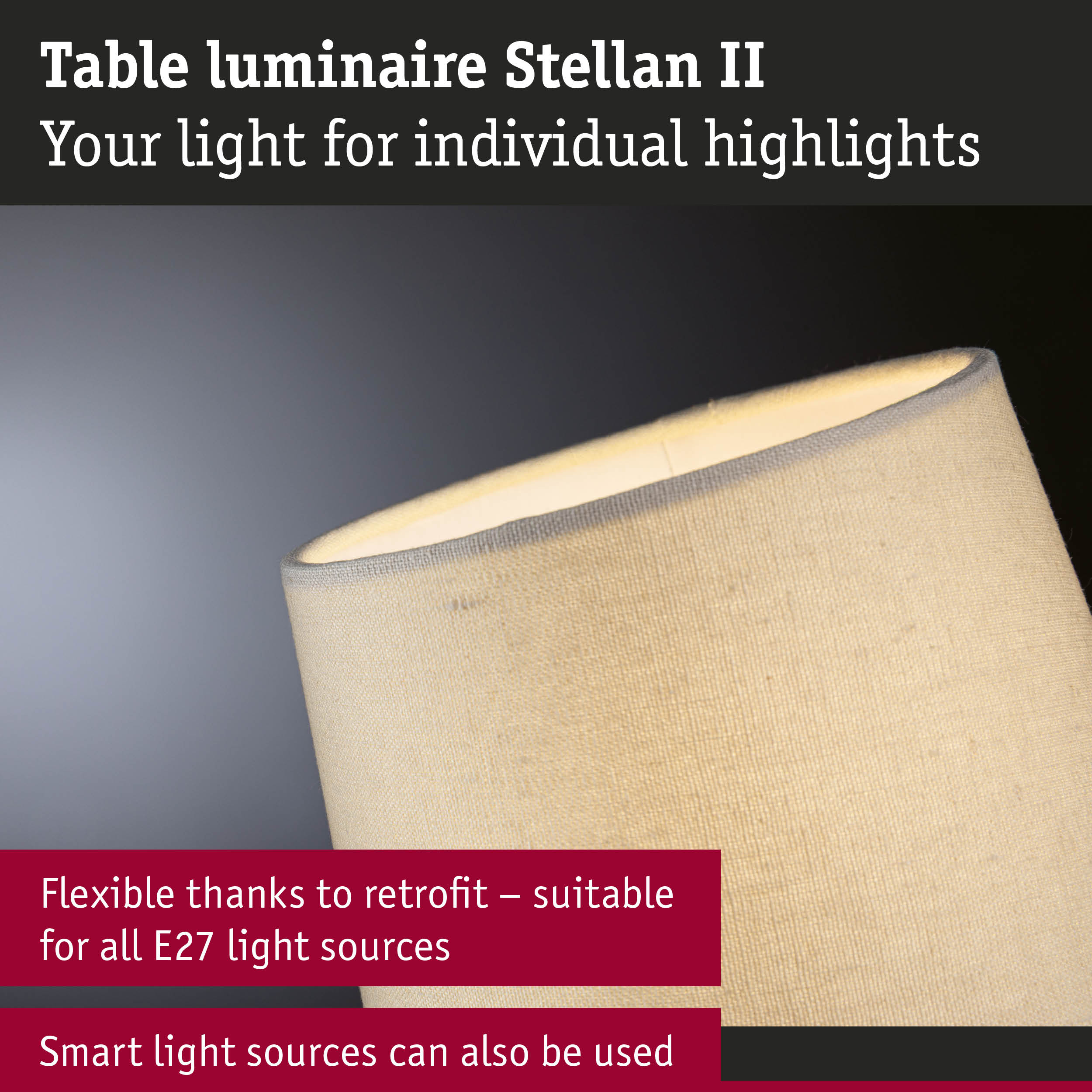 Beige fabric table lamp Stellan II with E27 socket for flexible LED lighting