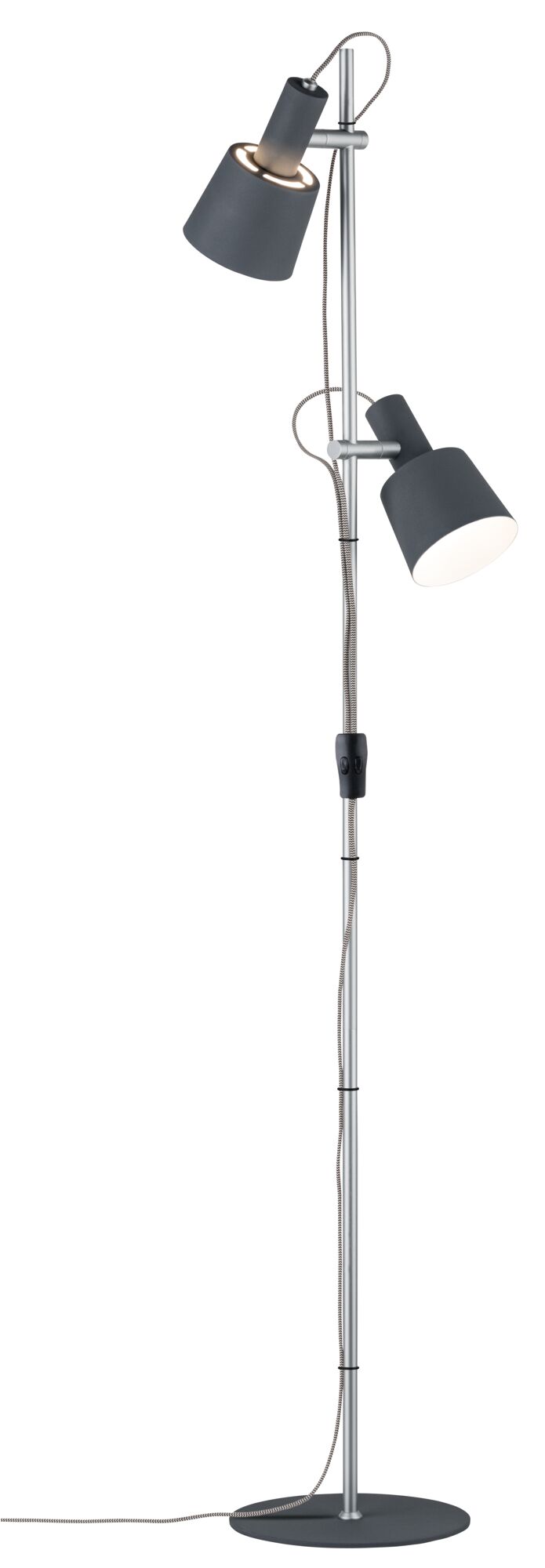 Stehende LED-Lampe mit zwei verstellbaren grauen Metall-Schirmen und silbernem Ständer für Wohnzimmer.