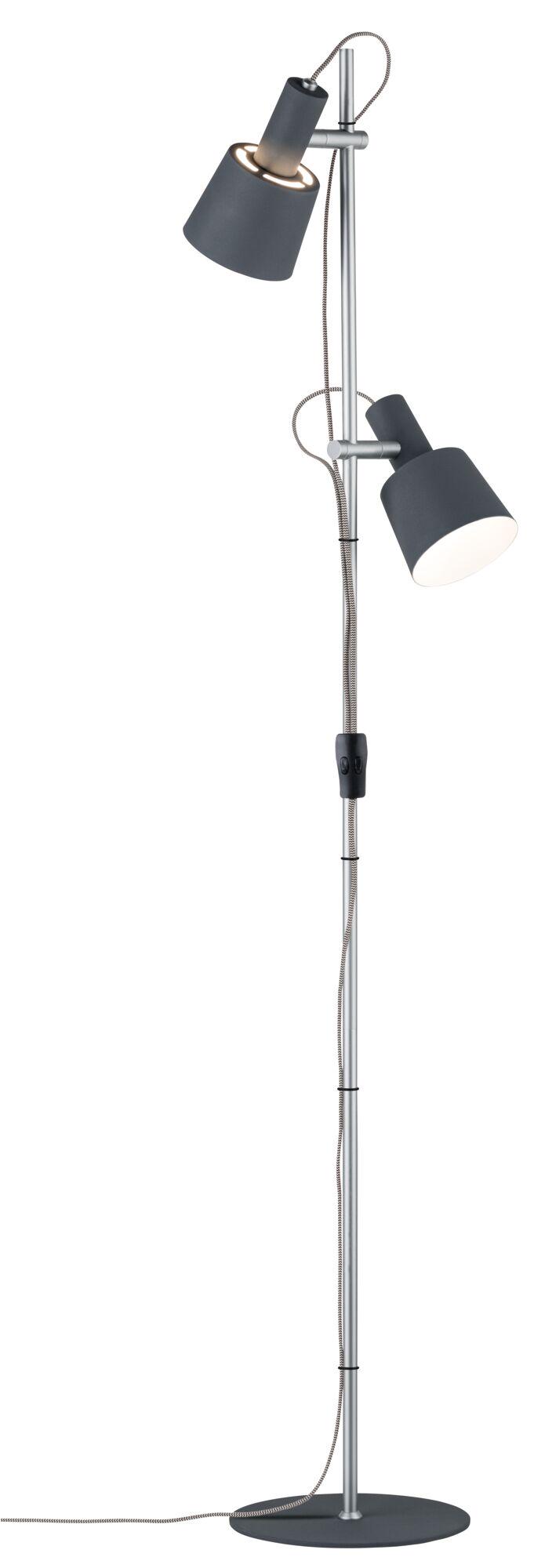 Standing LED lamp with two adjustable grey metal shades and silver stand for living room lighting.