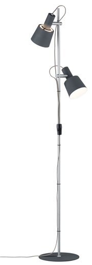 Standing LED lamp with two adjustable grey metal shades and silver stand for living room lighting.