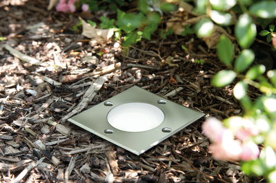 Square stainless steel recessed light with white glass, ground installation for garden and outdoor lighting