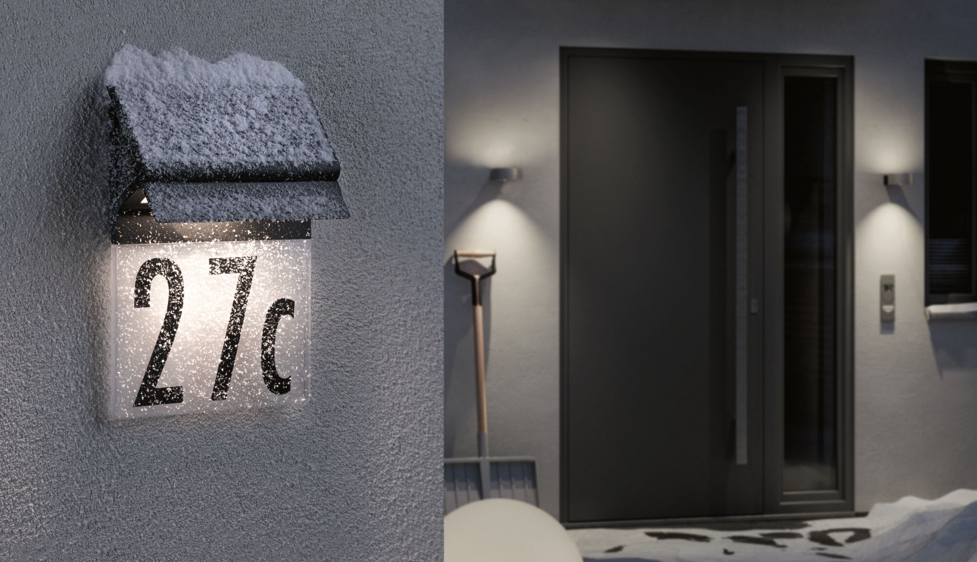 Plaque de numéro de maison en plastique éclairée avec protection noire contre les intempéries et neige en hiver