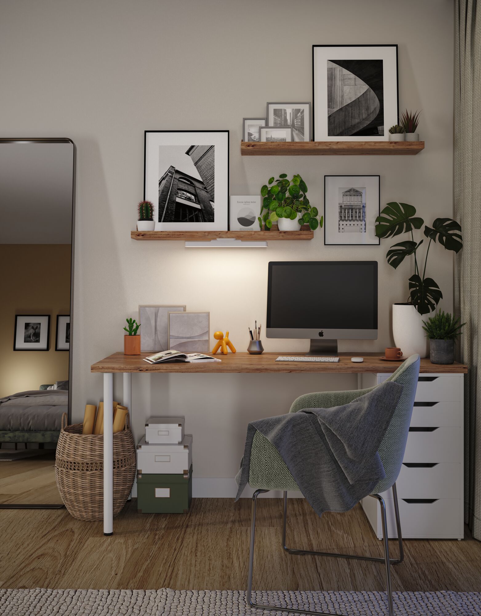Modern home office with wooden desk, green chair, and LED wall light providing soft illumination.