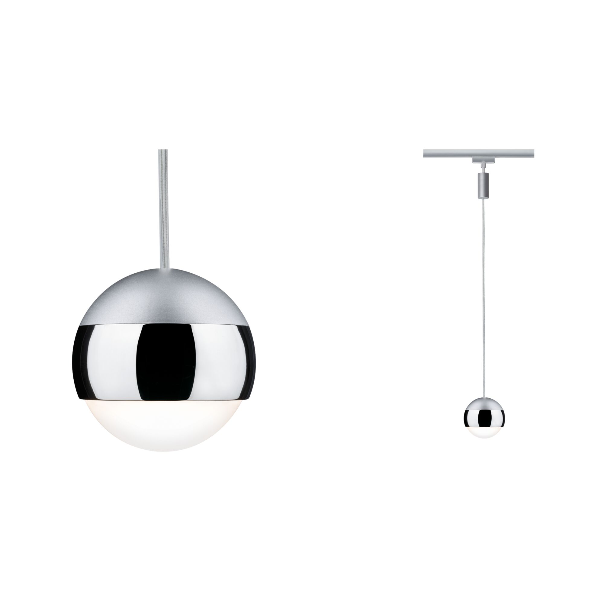 Modern silver metal pendant light with white diffuser in spherical design for elegant room lighting