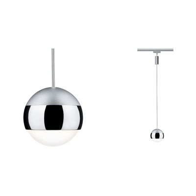 Modern silver metal pendant light with white diffuser in spherical design for elegant room lighting