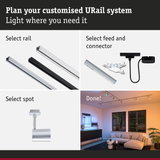 Modular URail track system with black and white aluminium rails, connectors, and living room lighting setup