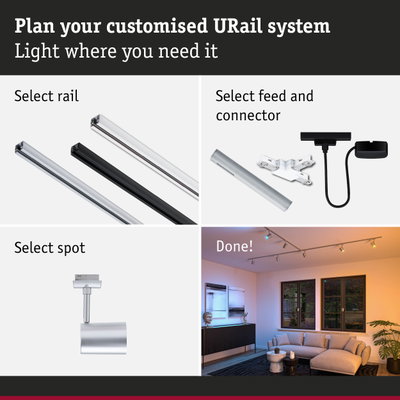 Modular URail track system with black and white aluminium rails, connectors, and living room lighting setup