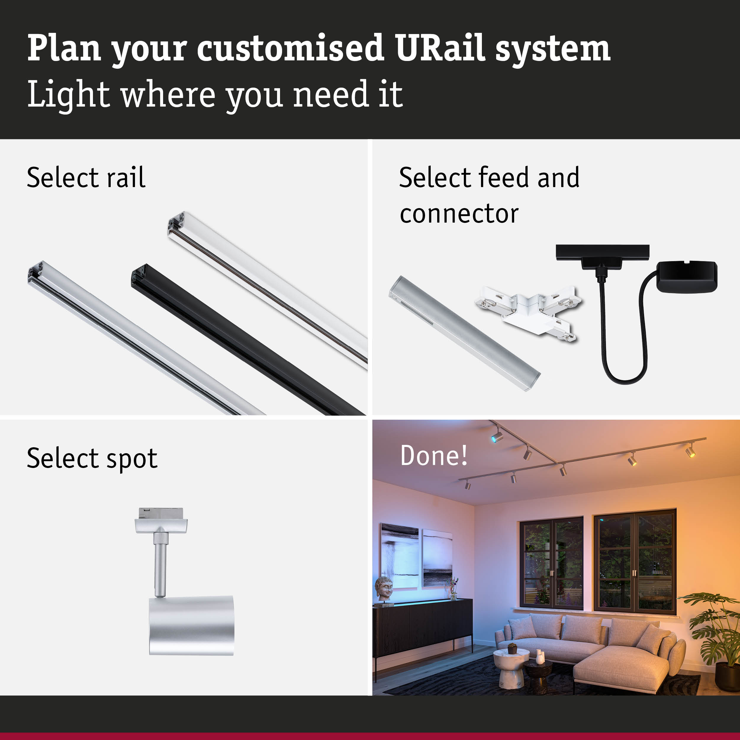 Modular URail track system with black and white aluminium rails, connectors, and living room lighting setup