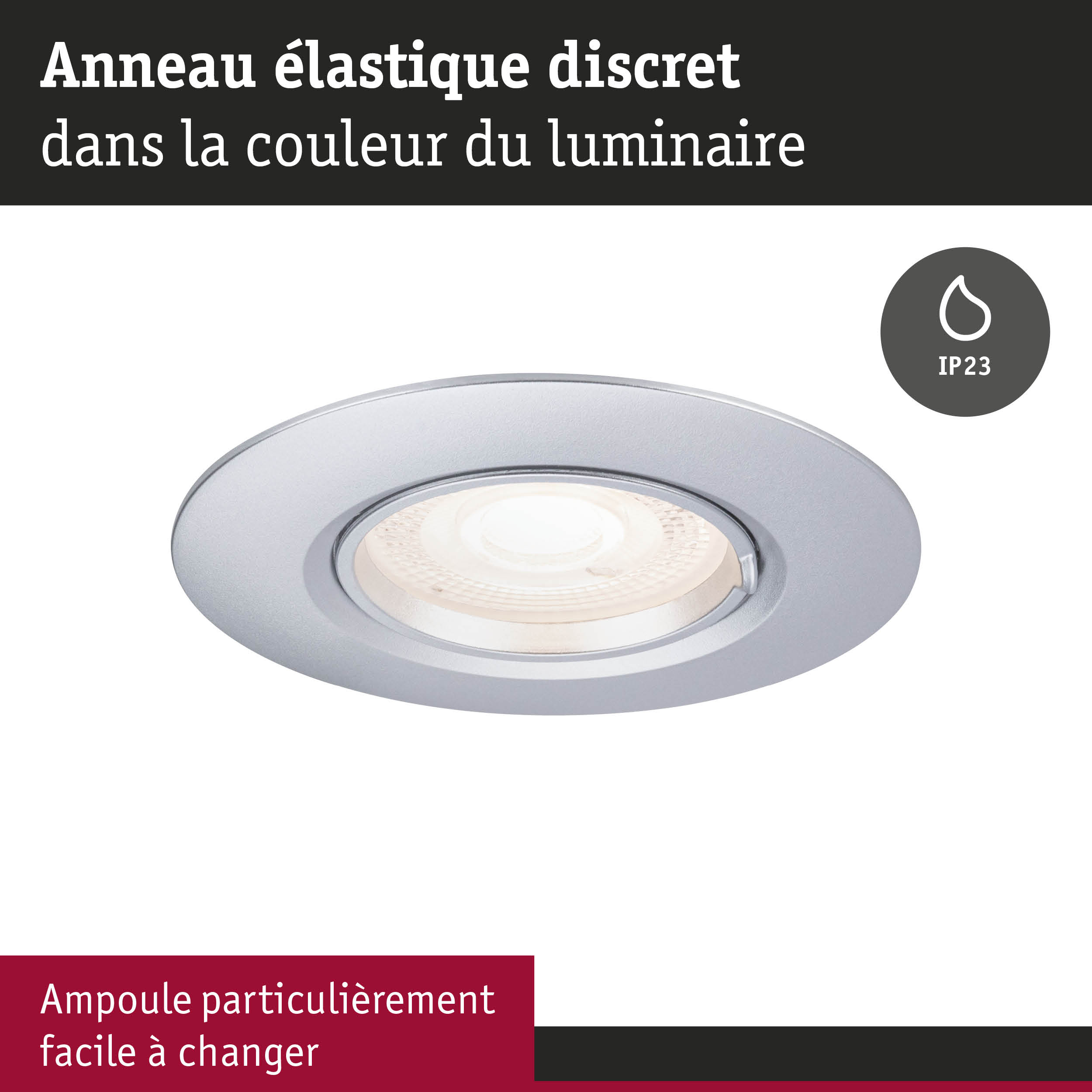 Boîtier encastré rond argenté avec indice IP23 pour éclairage de salle de bain