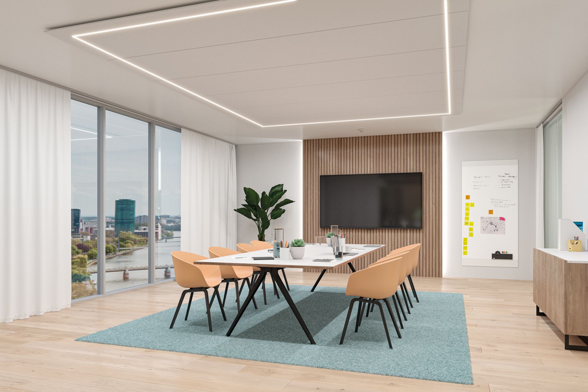 Salle de réunion moderne avec table blanche rectangulaire, chaises beiges et éclairage LED au plafond