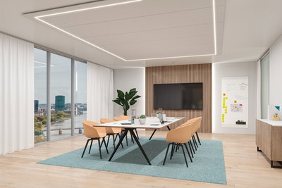 Modern conference room with rectangular white table, beige chairs, and LED ceiling lighting