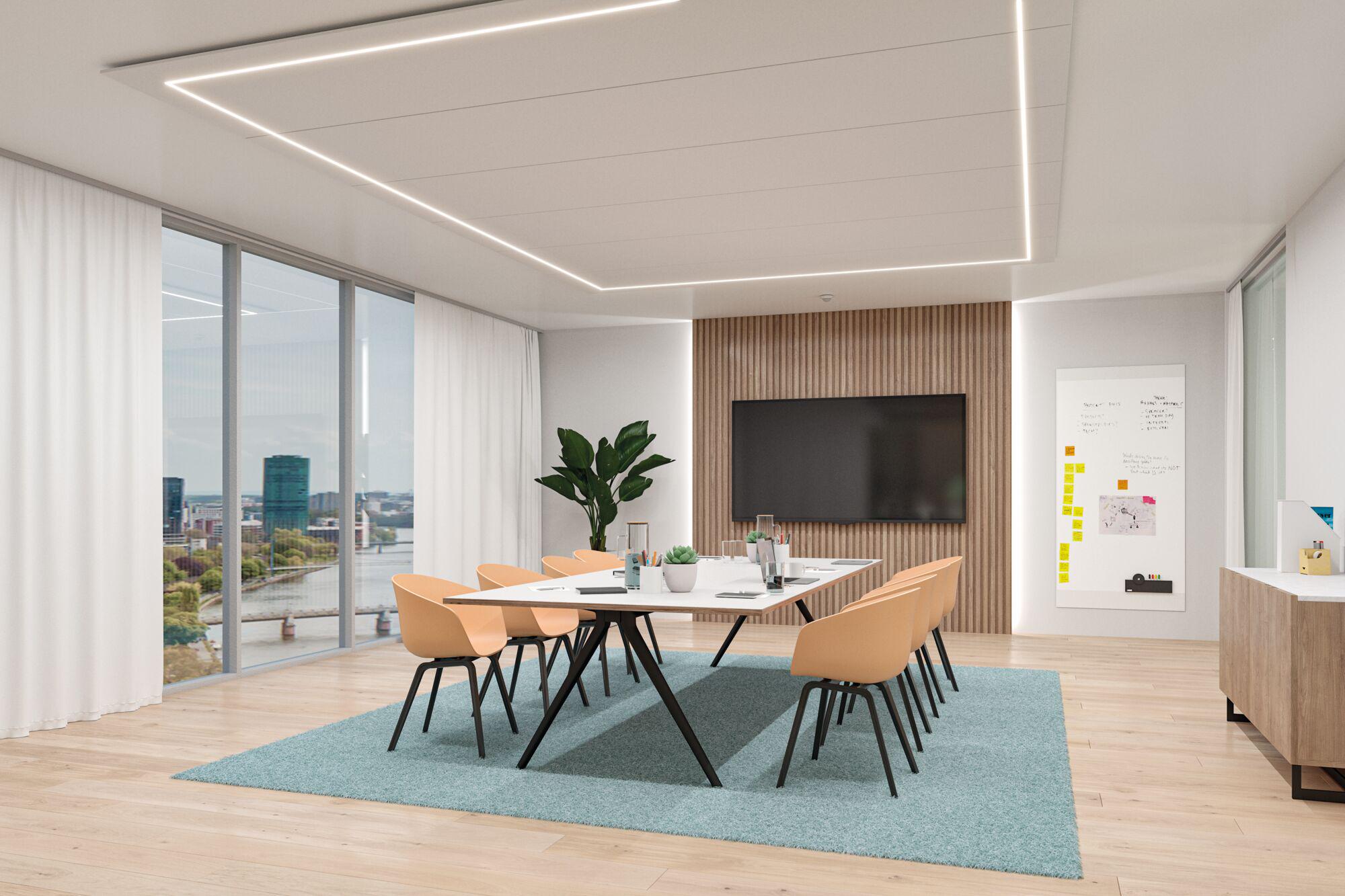 Modern office with rectangular table, beige chairs and white LED ceiling lighting
