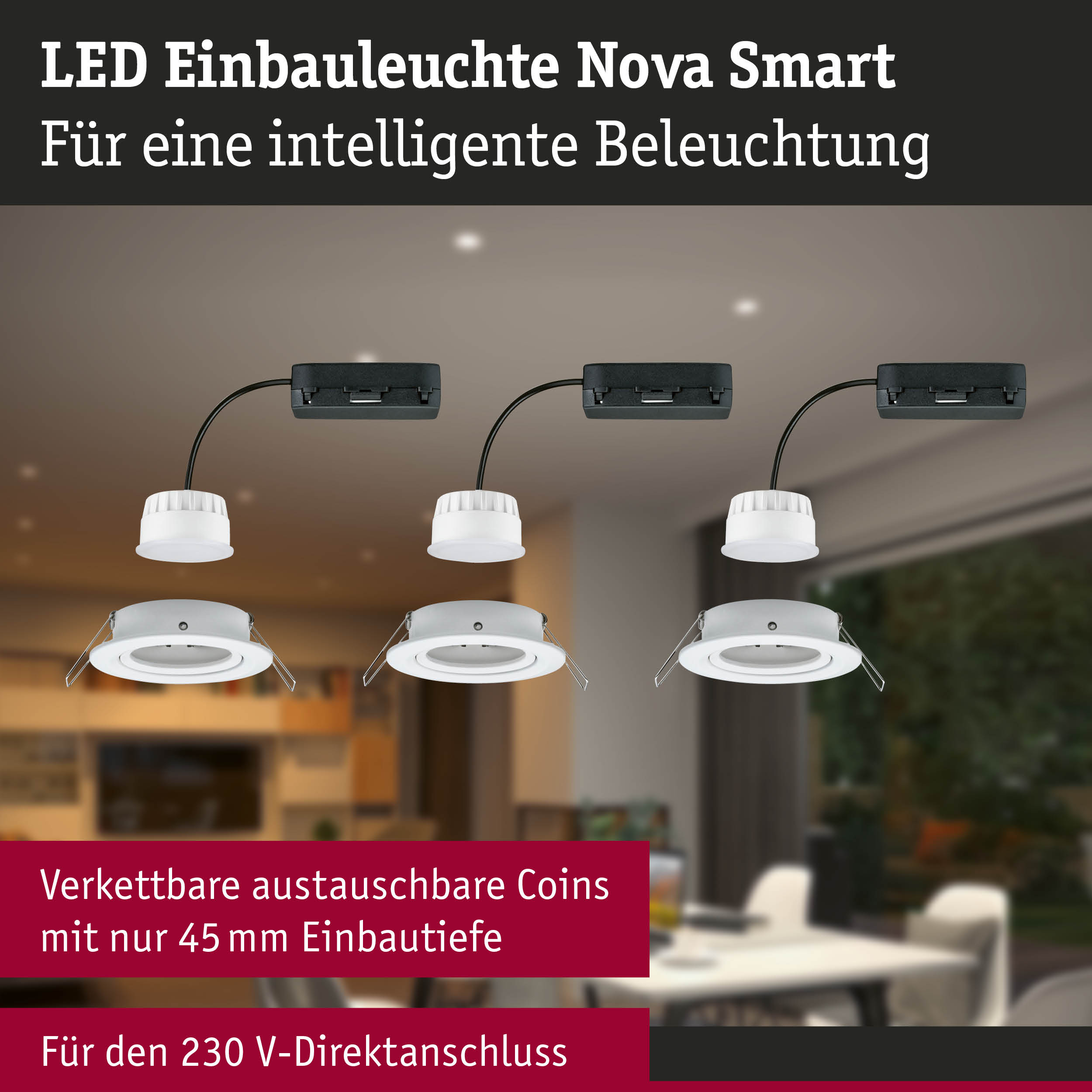 LED Einbauleuchte Nova Smart in Weiß mit schwarzem Anschlusskabel für intelligente Beleuchtung