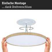 Runde Deckenleuchte mit Holzrahmen und weißem Diffusor, einfache Montage durch Drehverschluss