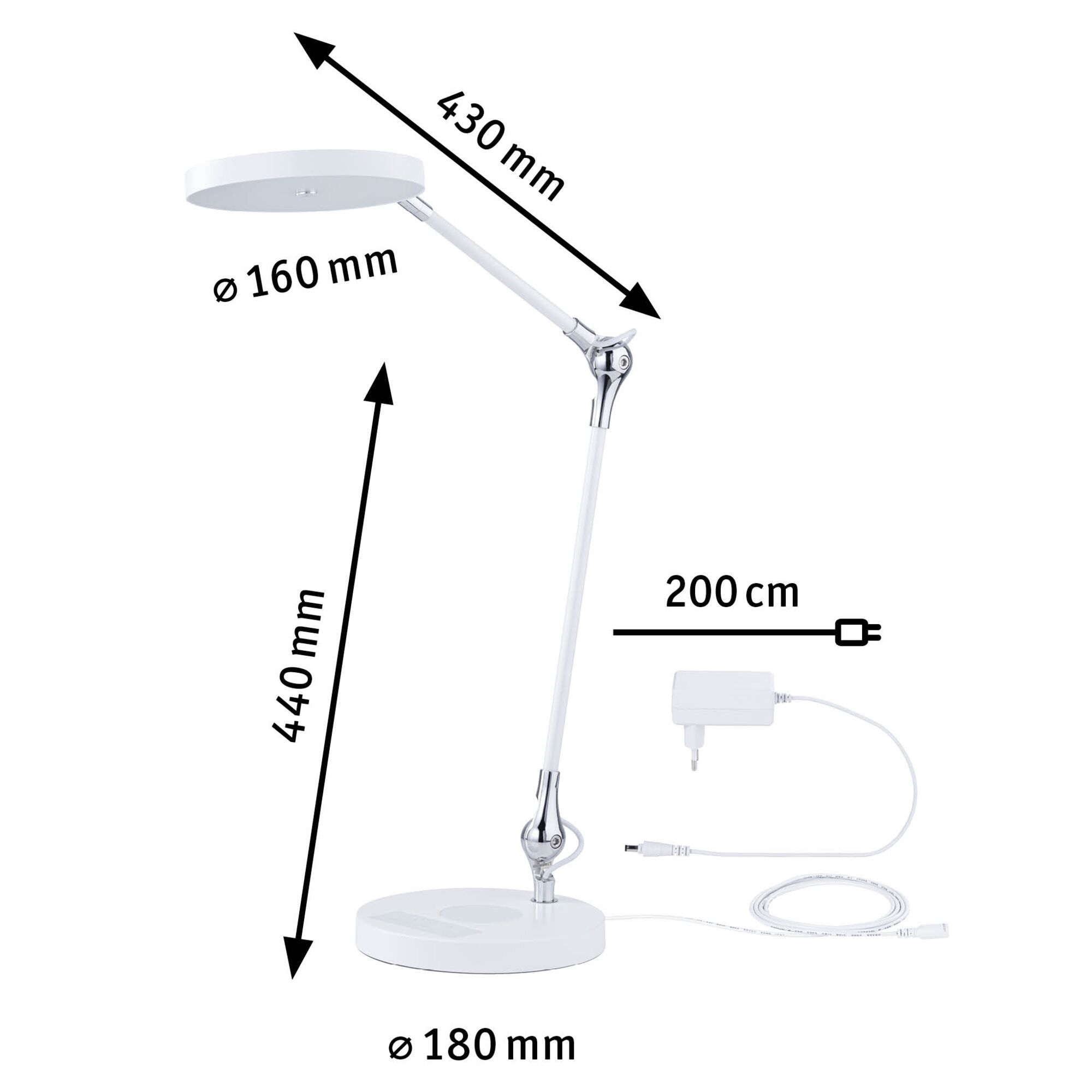 Hvid LED-skrivebordslampe med justerbar arm og 200 cm kabel til kontorbelysning
