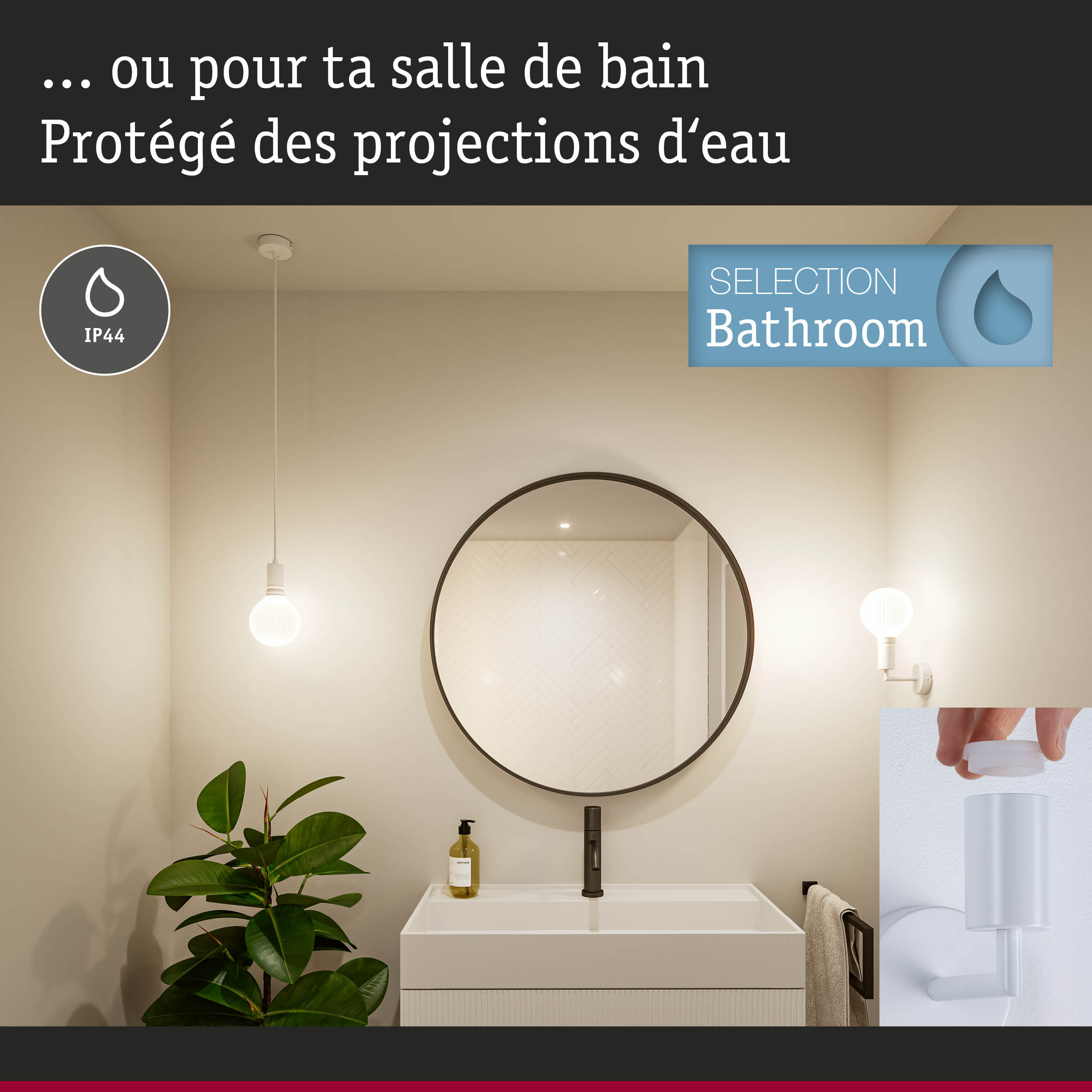 Miroir de salle de bain rond moderne avec protection IP44 contre les projections d'eau