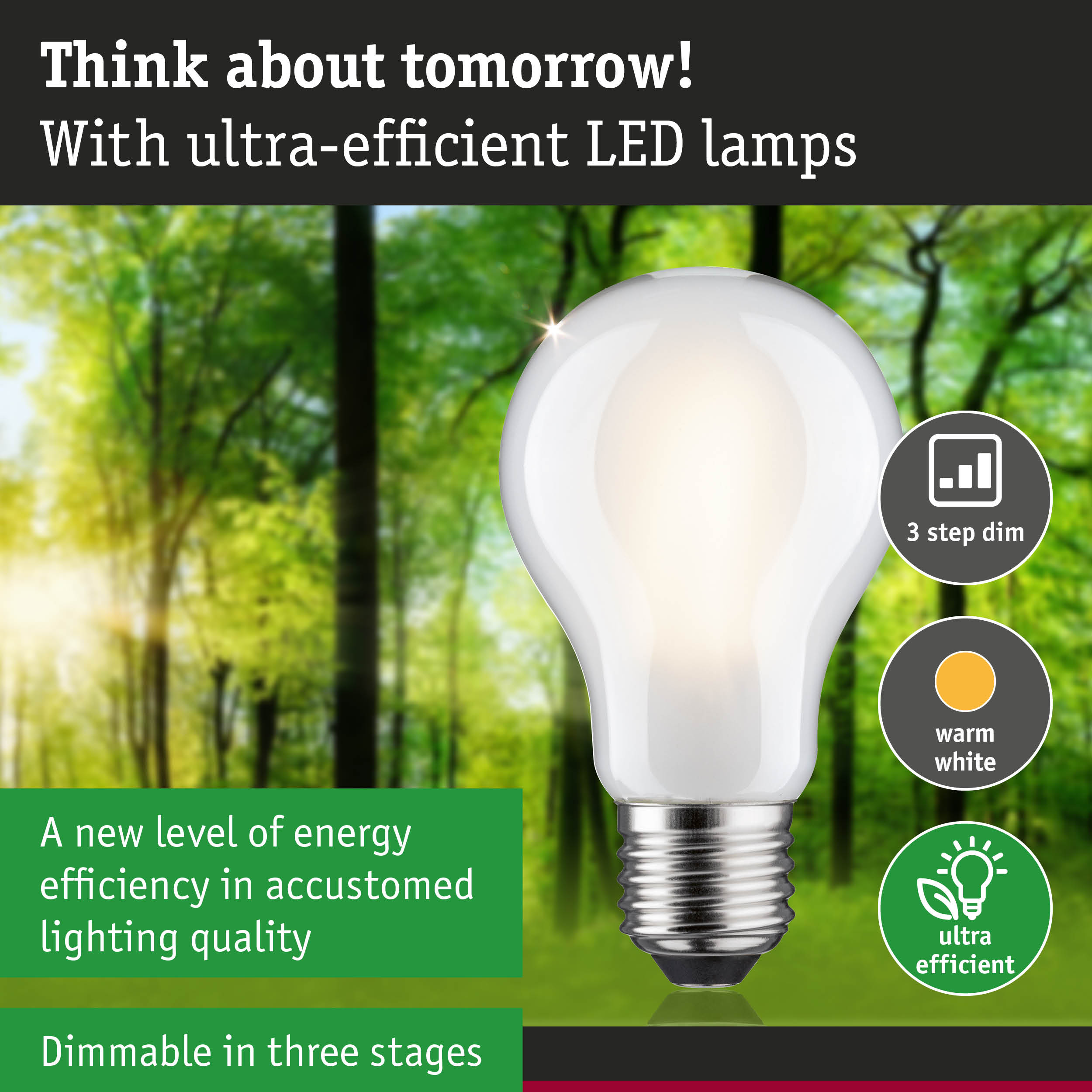 White LED bulb with E27 base, warm white dimmable in three steps, ultra-efficient energy-saving light
