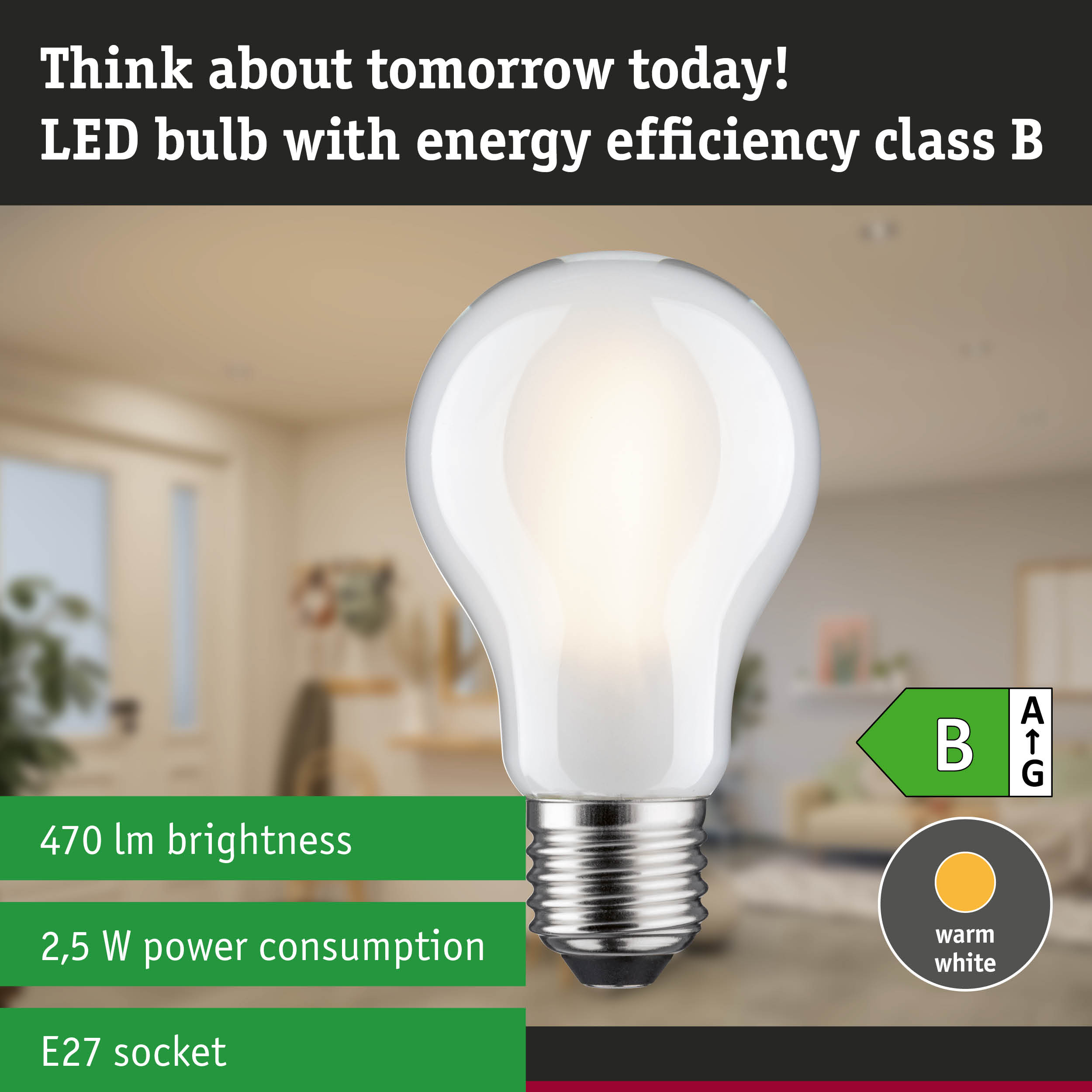 White LED bulb with E27 base, warm white dimmable in three steps, ultra-efficient energy-saving light