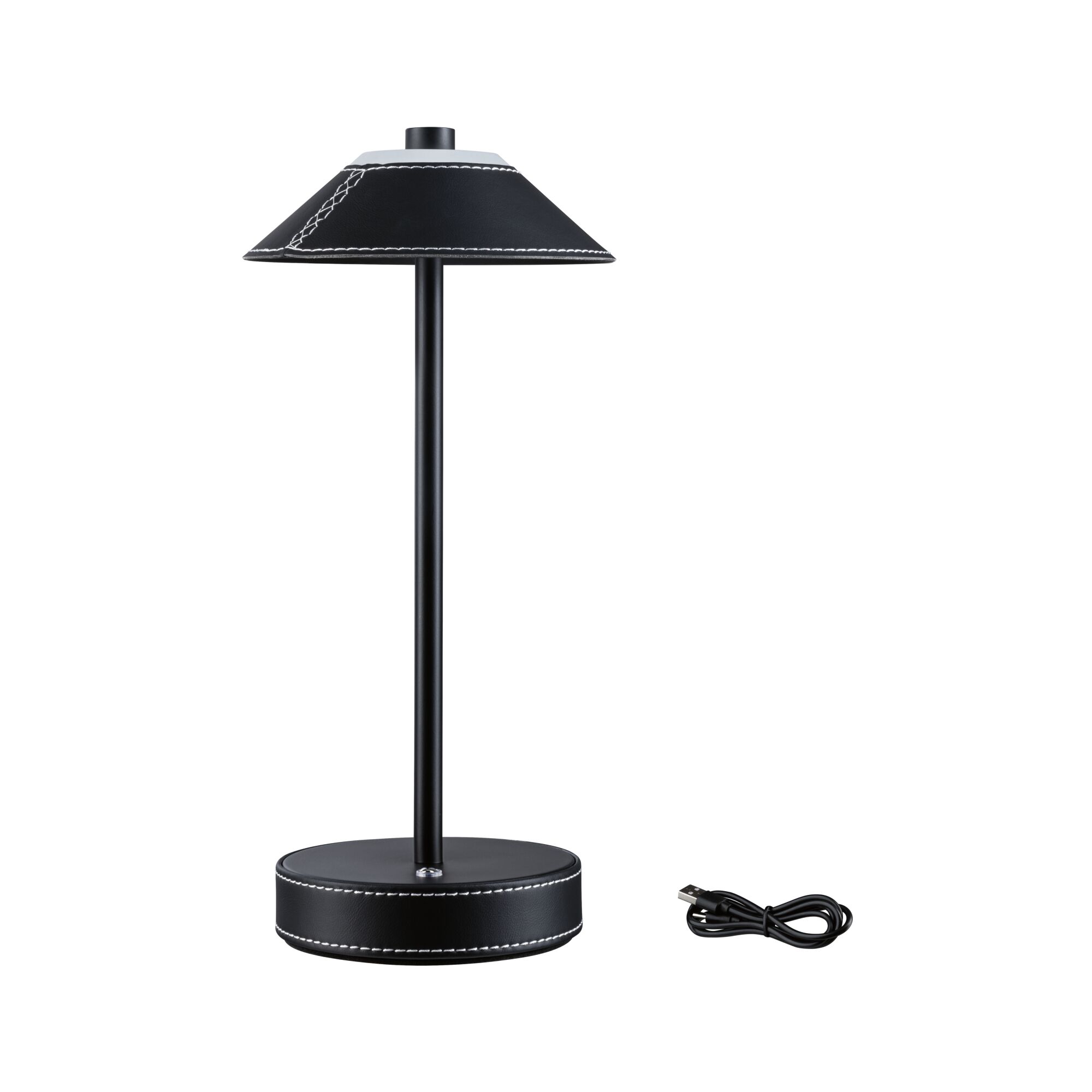 Black table lamp with leather cover and white stitching, including USB charging cable for modern lighting.