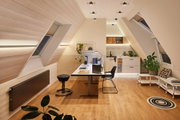 Bureau à domicile moderne avec sol en bois, meubles blancs et éclairage LED économique au plafond