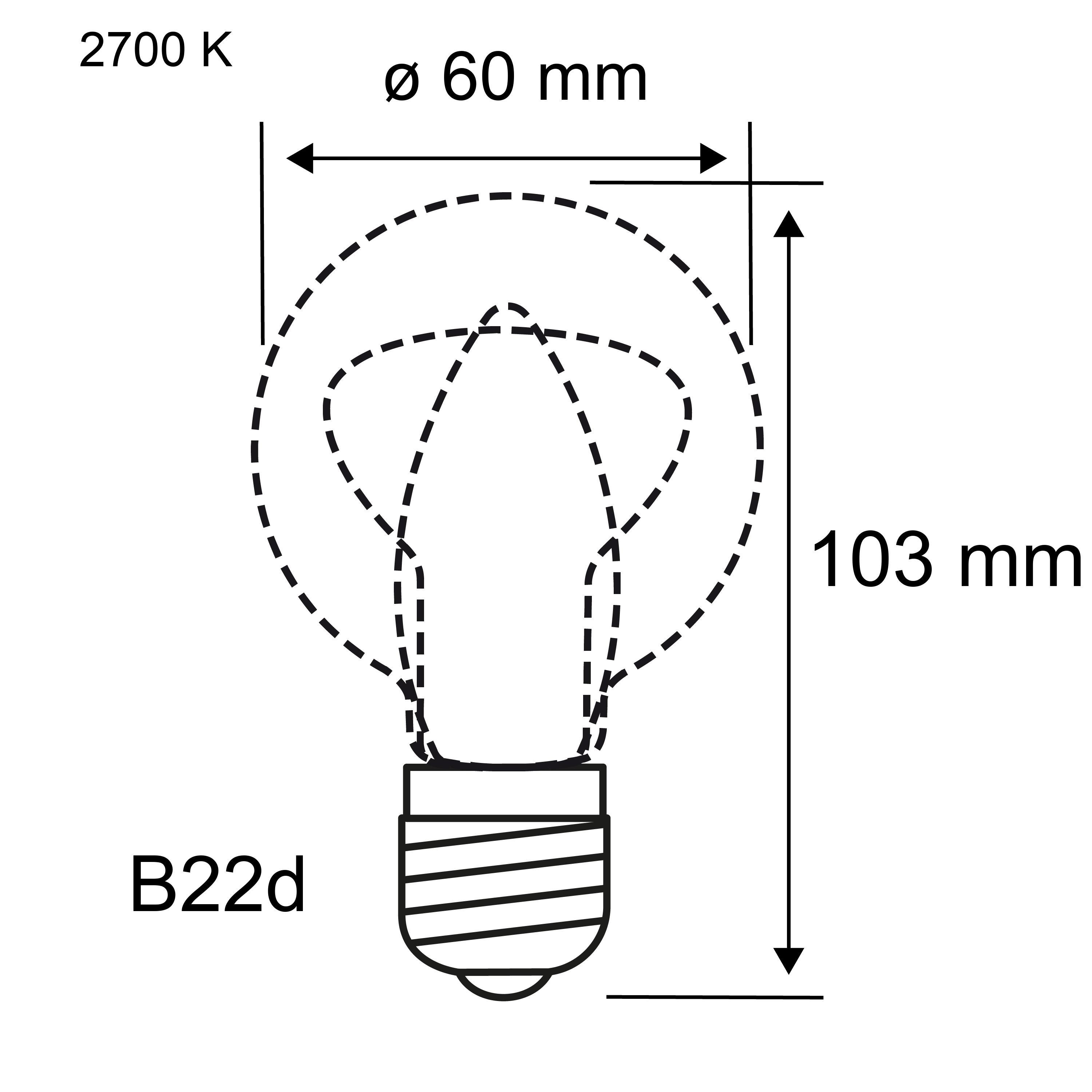 Technische tekening van B22d LED-lamp met 60 mm diameter, 103 mm hoogte en 2700 K warm licht