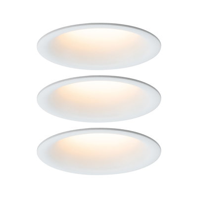 Drei weiße runde LED-Deckenleuchten mit warmweißem Licht für moderne Innenräume.