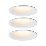 Three white round LED ceiling lights with warm white glow for modern interiors.