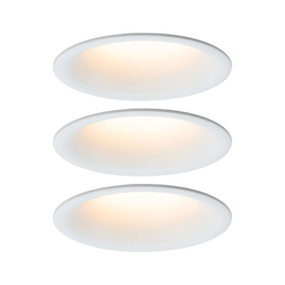 Three white round LED ceiling lights with warm white glow for modern interiors.