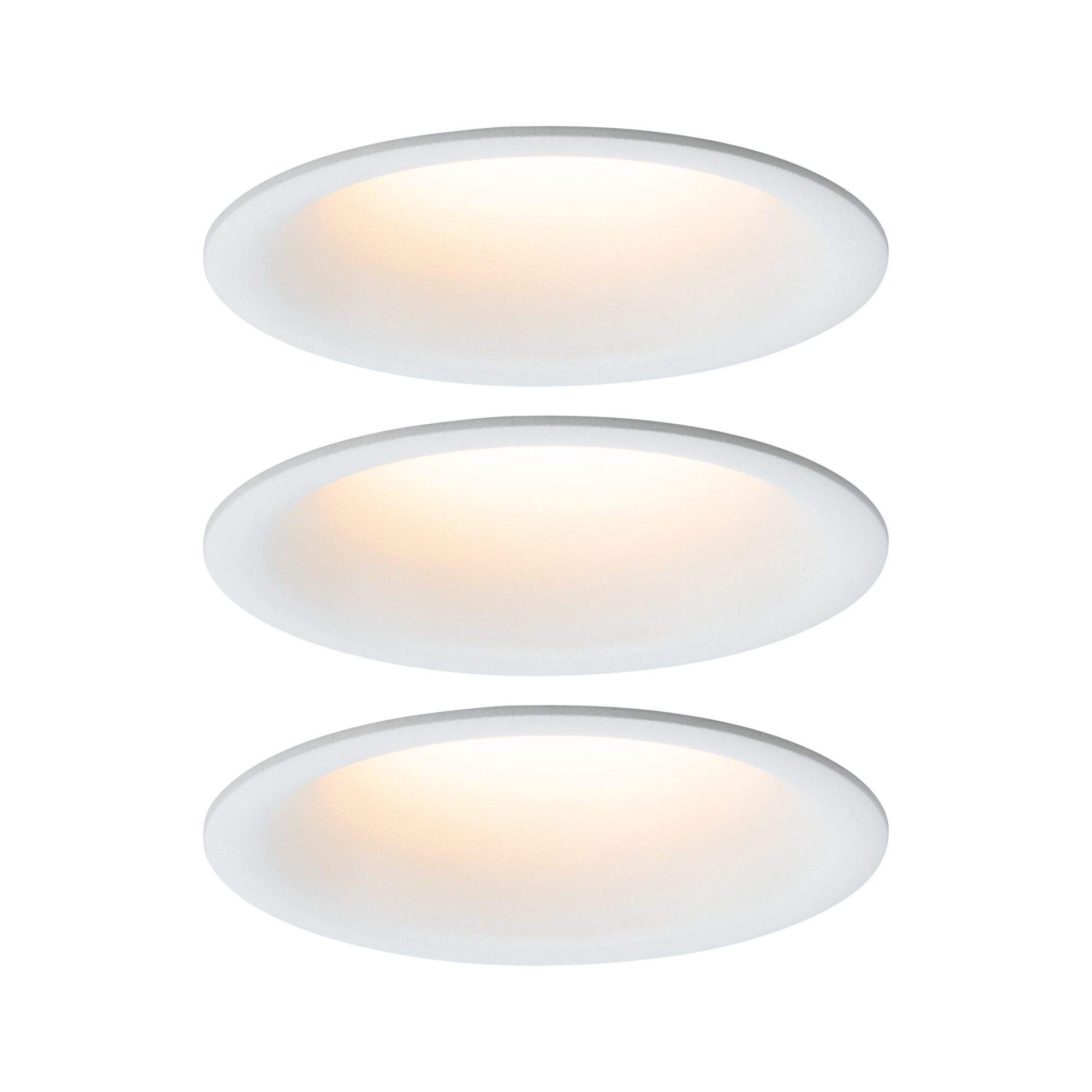 Spot encastré LED Cymbal Coin Kit de 3 IP44 rond 77mm Coin 3x6W 3x440lm 230V gradable Dim to warm Blanc dépoli Trois plafonniers LED ronds blancs avec lumière blanche chaude pour intérieurs modernes.