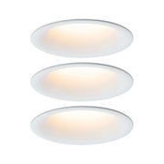 Drei weiße runde LED-Deckenleuchten mit warmweißem Licht für moderne Innenräume.
