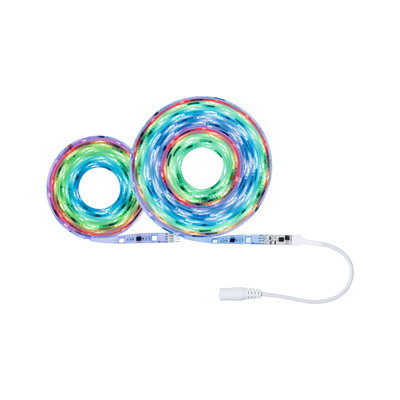 Colorful flexible LED light strips with connector cable for customizable lighting effects.
