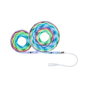 Colourful LED light strips in two rolls with transparent plastic and white power cable