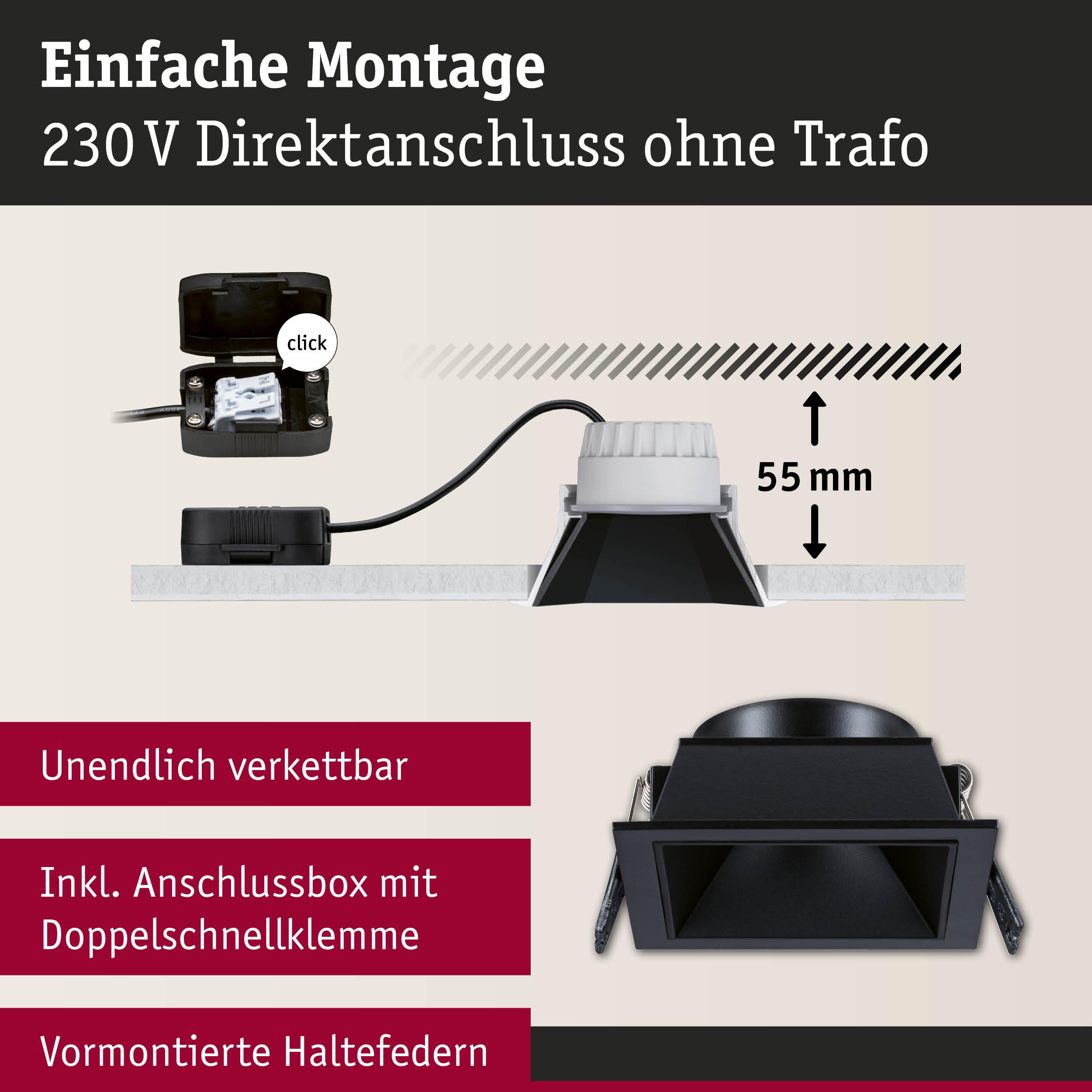 Schwarzer Einbaustrahler mit Anschlussbox und Doppelschnellklemme, 55 mm Einbautiefe, einfache Montage