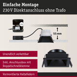 Schwarzer Einbaustrahler mit Anschlussbox und Doppelschnellklemme, 55 mm Einbautiefe, einfache Montage