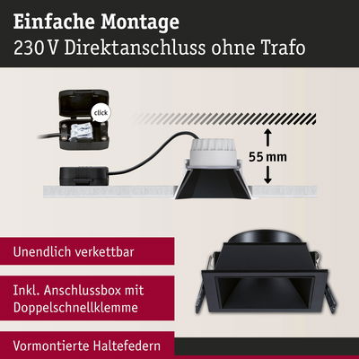 Schwarzer Einbaustrahler mit Anschlussbox und Doppelschnellklemme, 55 mm Einbautiefe, einfache Montage