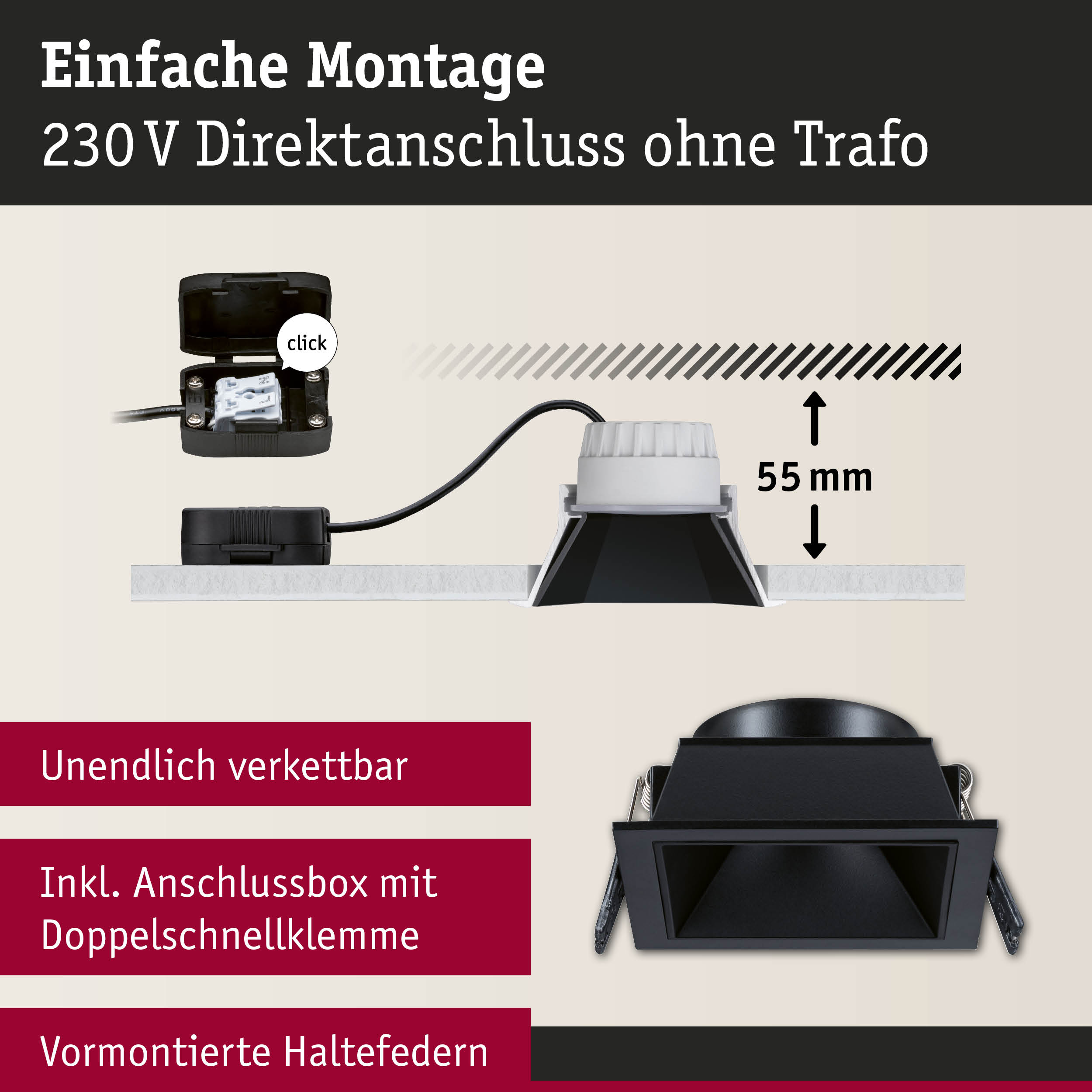 Schwarze Einbauleuchte mit Anschlussbox und Doppelschnellklemme für 230 V Direktanschluss ohne Trafo