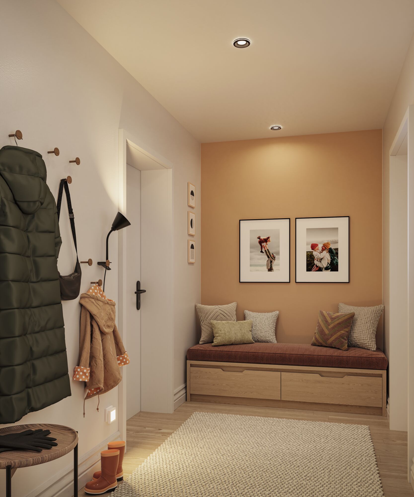 Modern hallway with black recessed LED spotlights and cozy bench with cushions in warm tones