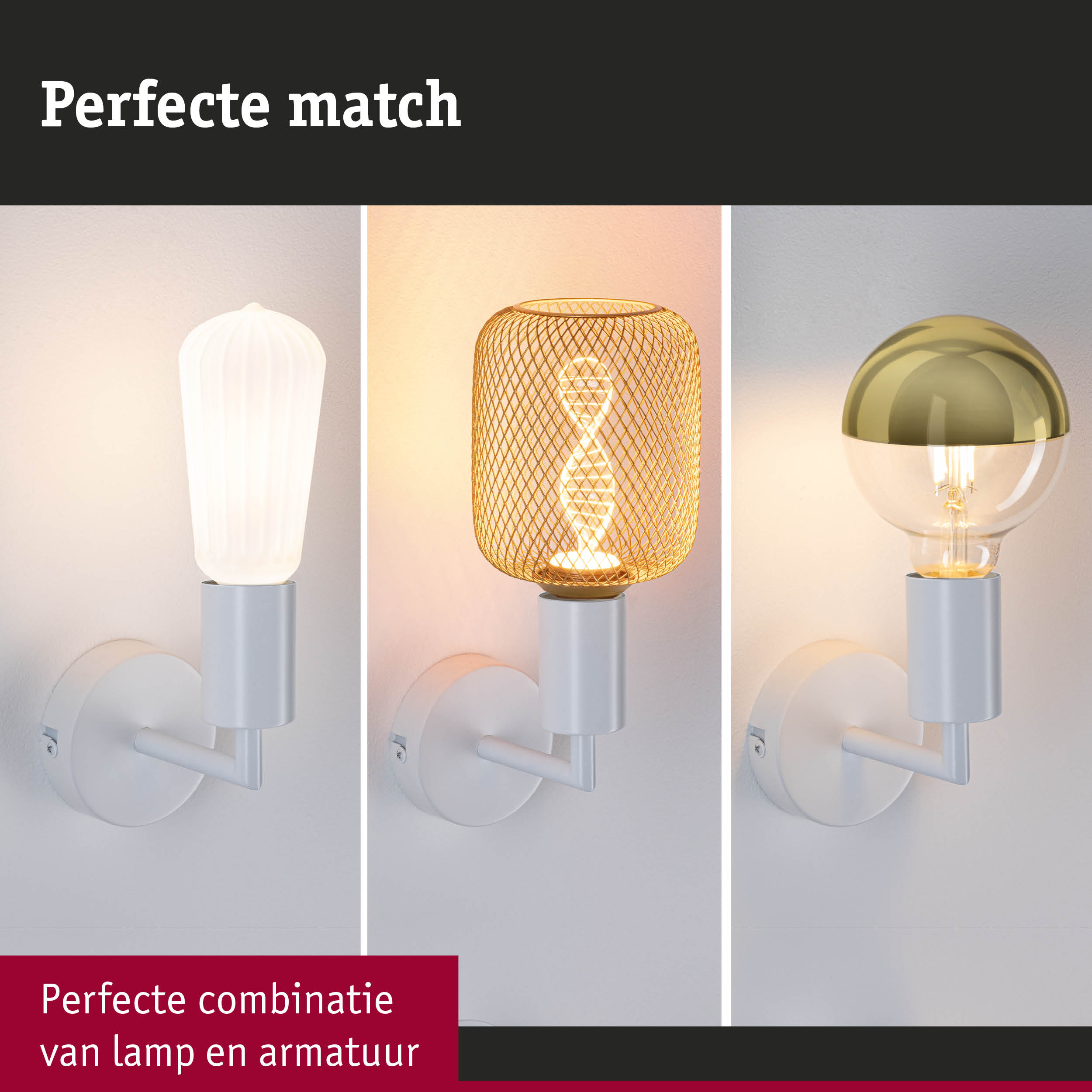 Drie witte wandlampen met verschillende decoratieve glazen en metalen lampenkappen voor woonruimtes