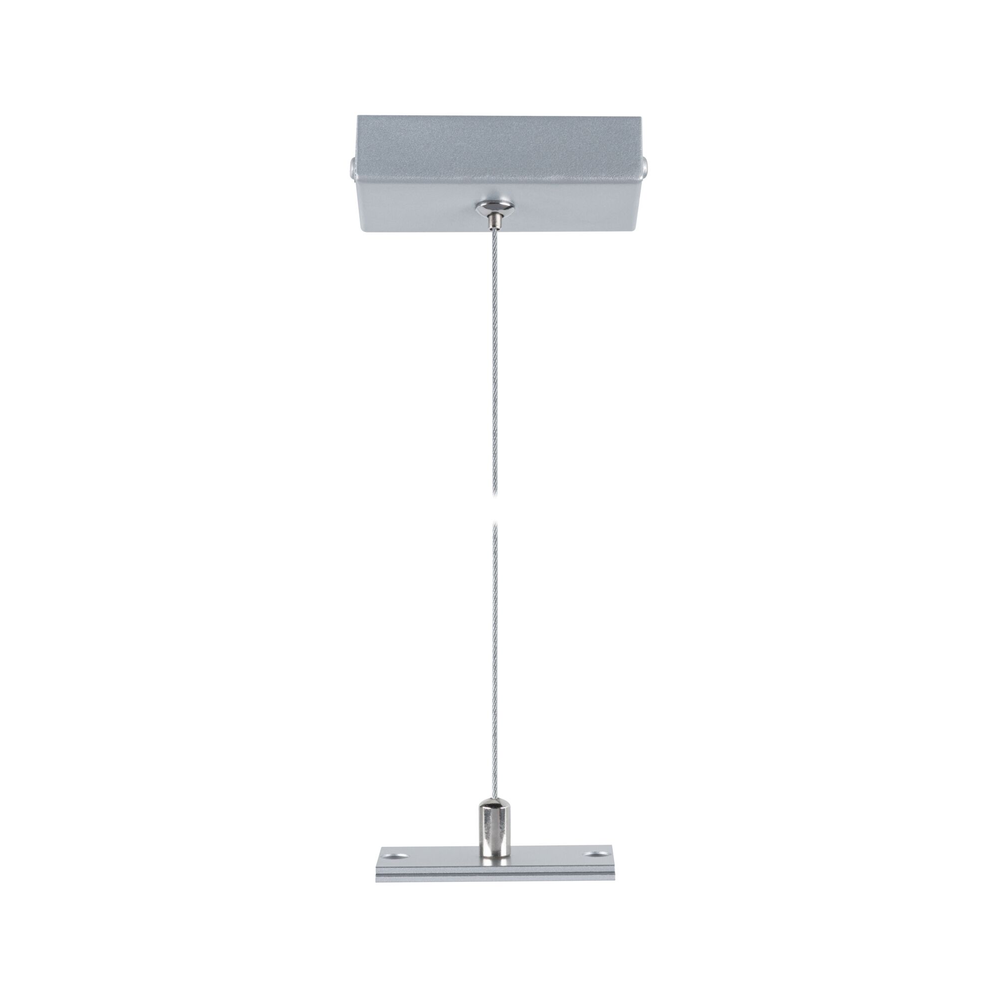 Zilverkleurige stalen kabel met rechthoekige metalen plafondbevestiging voor LED-hanglampen.