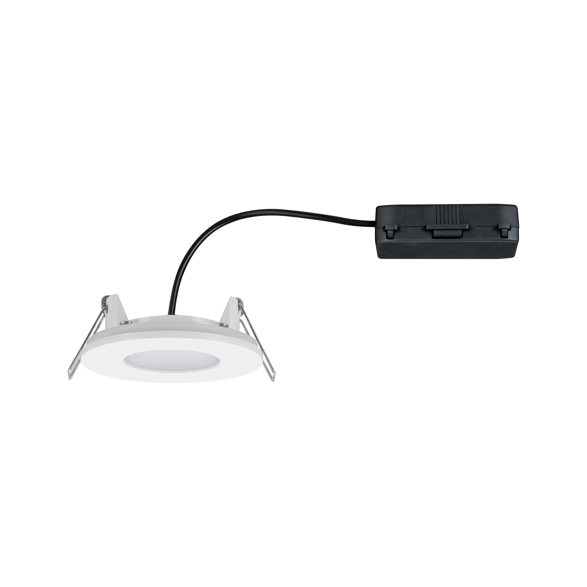 Round white LED recessed panel with black cable and mounting clips for modern ceiling lighting