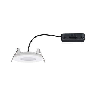 Round white LED recessed panel with black cable and mounting clips for modern ceiling lighting