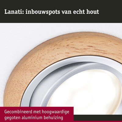 Ronde inbouwspot van echt hout gecombineerd met hoogwaardige gegoten aluminium behuizing in naturel en zilver