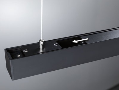 Black aluminum cable suspension system with hidden wire channel and arrow for LED track lighting